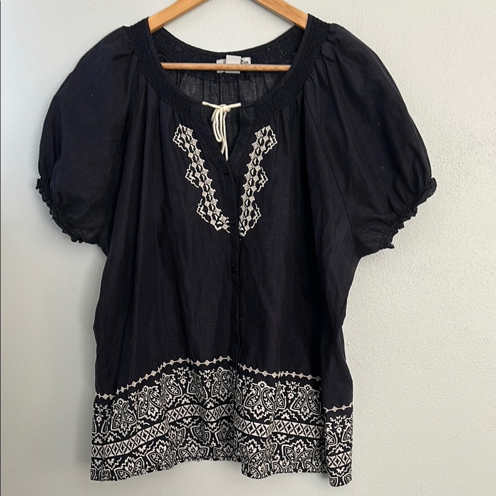 Navy and White Puff Sleeve Blouse with Tie Front
